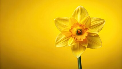 Fototapeta premium A daffodil flower in full bloom with trumpet-shaped petals and bright yellow center against a plain yellow background, spring, bright yellow, yellow flowers, sunny, daffodil