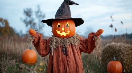 Cute Scarecrow Decoration with Pumpkin and Hay Bale for Fall Harvest