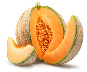 Cantaloupe melon and melon slices isolated on white background. File contains clipping path.