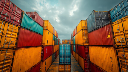 Fototapeta premium Stacked Cargo Containers at Freight Sea Port Terminal with Space for Text