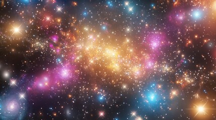 Fototapeta premium A dense galaxy cluster with bright and colorful galaxies, their light intermingling and casting a glow on the surrounding cosmic dust