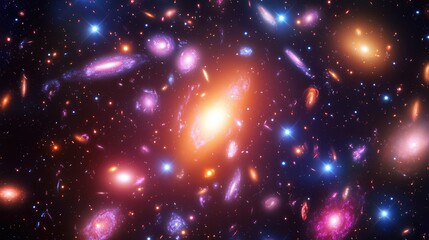 Fototapeta premium A densely packed galaxy cluster glowing brightly, with swirling arms and bright cores of light creating a rich cosmic tapestry