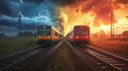 Naklejka premium Two trains on different tracks, one heading towards a storm and the other towards a bright sky, generative ai