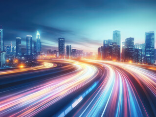 Fototapeta premium Vibrant cityscape with light trails of fast-moving traffic under a twilight sky, showcasing urban energy and modern architecture.