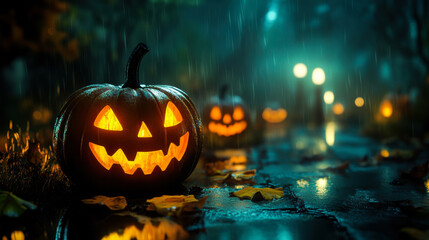Obraz premium A glowing jack-o'-lantern sits on a bed of colorful autumn leaves during a misty Halloween night in a forest clearing