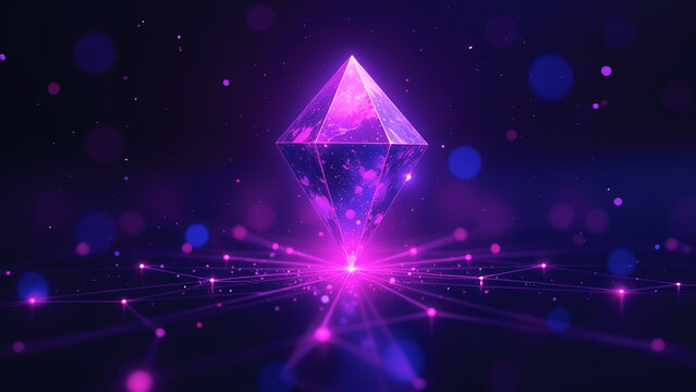 Glowing purple crystal octahedron floating over network grid spreading light beams and bokeh effect on dark purple background representing connection, technology, communication, and innovation