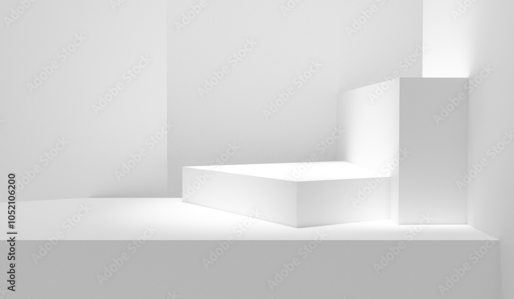 Fototapete White geometric forms abstract background. White forms table empty copy space abstract display illuminated with spotlights - best place for products and background. White room table bright design