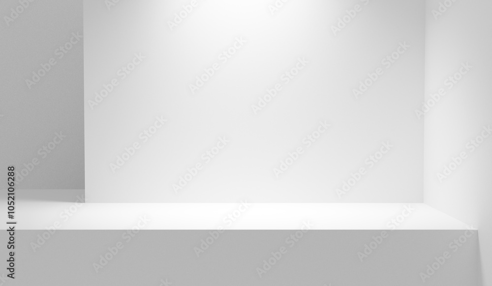 Aufkleber White table podium stage background abstract empty copy space illuminated with spotlights bright white wall display. Empty countertop platform stage for product placement