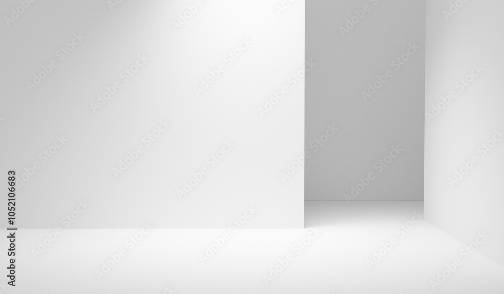 Fototapete White abstract empty room design background with spotlight. White display background empty blank room illuminated studio space room interior minimalistic background design. White showroom copy space