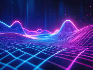 Futuristic neon landscape with vibrant pink and blue waves and grid patterns.