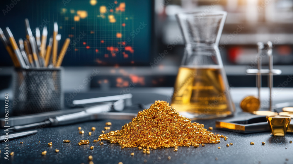 Poster close up of gold assay report on desk with tools and gold particles, showcasing intricate process of