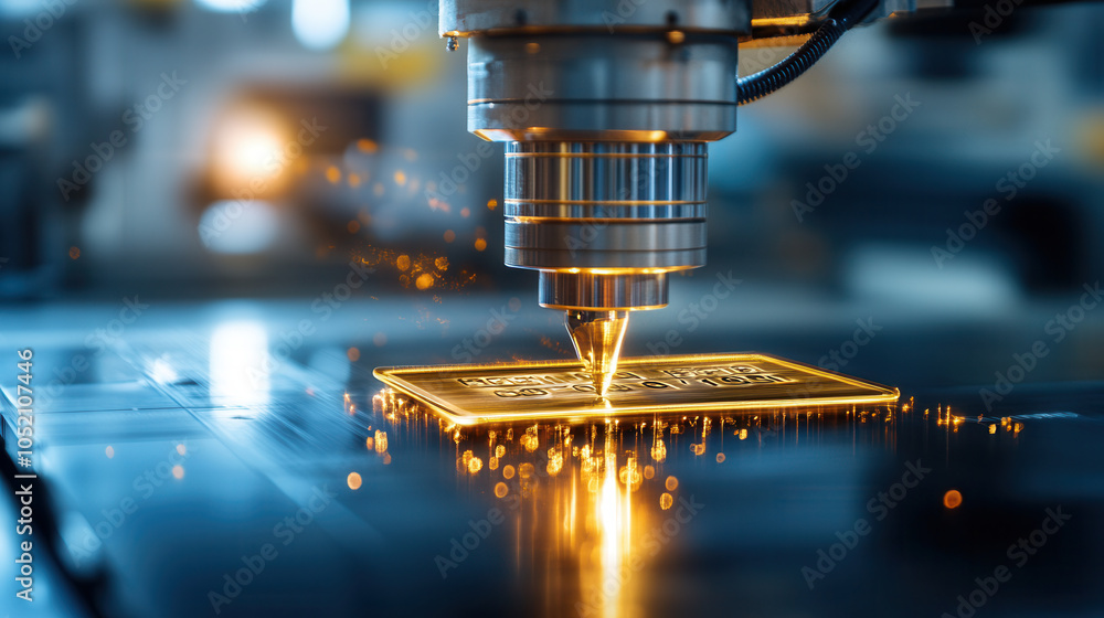 Poster close up of gold bar being stamped with precision, showcasing intricate details and shimmering spark