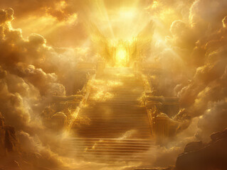 Golden celestial stairway leading to an ethereal throne enveloped in radiant light and clouds.