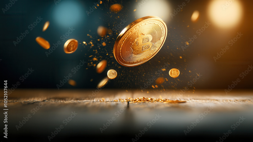 Poster close up of gold coin being flipped, surrounded by smaller coins, creating dynamic and captivating s