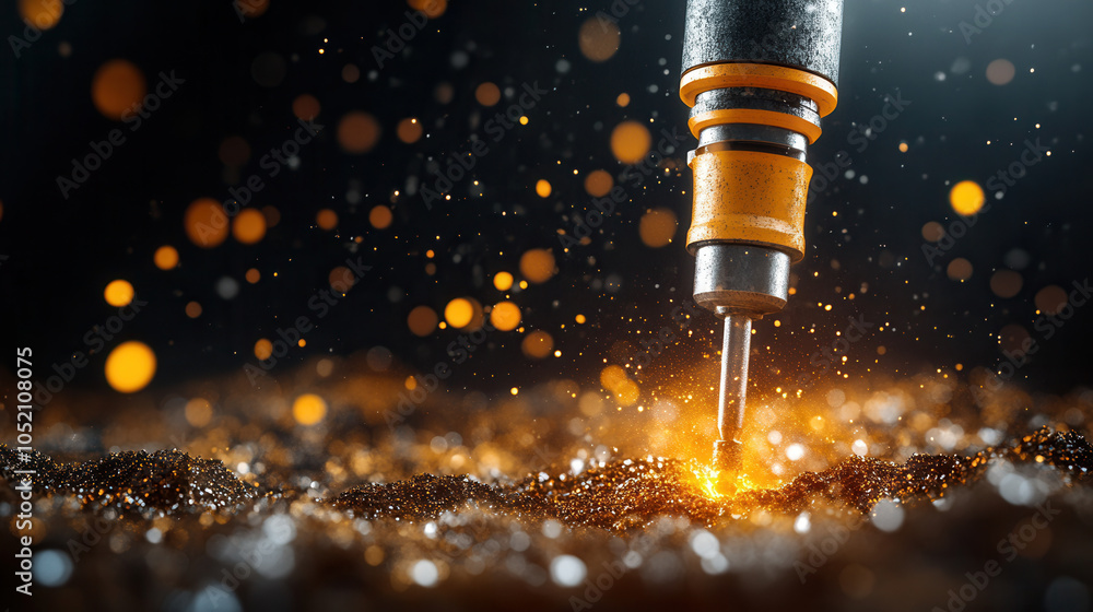 Poster close up of gold mining drill in action, showcasing drill bit penetrating ground, surrounded by spar
