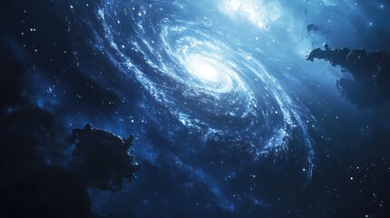 A single galaxy swirling in the cosmic void, its spirals glowing with faint light, contrasting against the vast emptiness of space