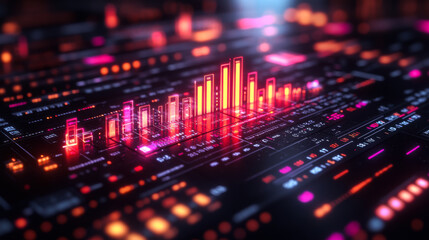 Colorful digital data visualization displaying vibrant bar graphs and intricate graph lines on a tech-inspired background