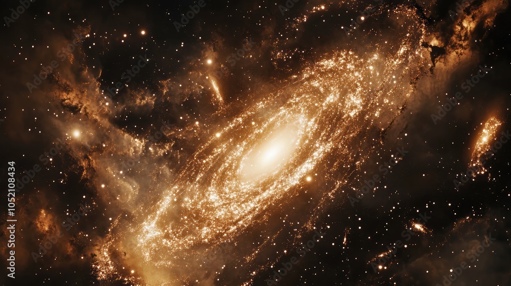Poster a distant galaxy forming in deep space, with streams of stardust and gas slowly coalescing into the 
