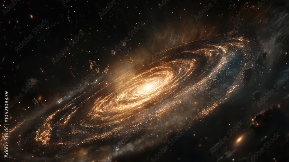 Poster a distant galaxy forming in deep space, with streams of stardust and gas slowly coalescing into the 