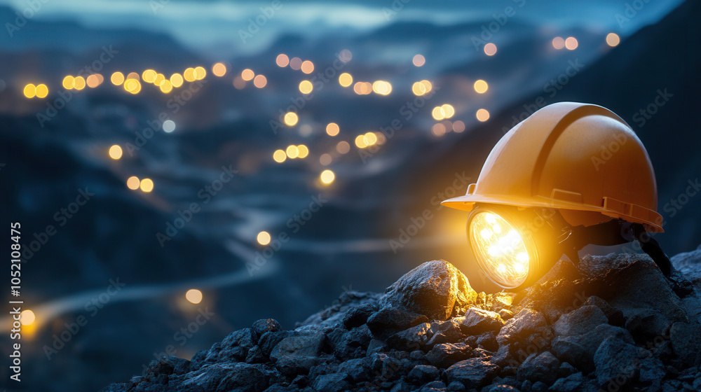 Poster close up of gold mining helmet with light, set against blurred background of mining site illuminated