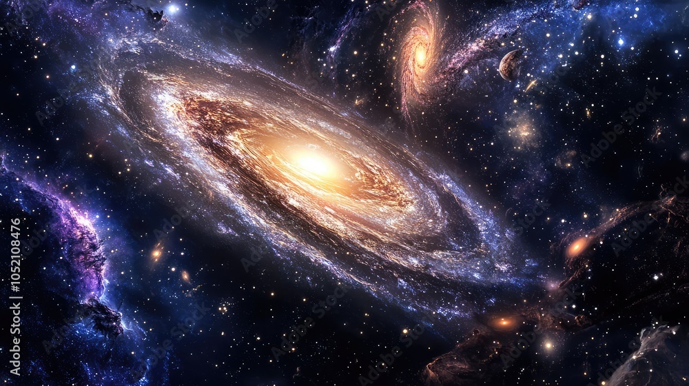 Poster a distant galaxy forming in deep space, with streams of stardust and gas slowly coalescing into the 