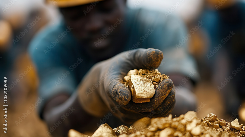 Poster close up of gold mining site with workers extracting precious minerals, showcasing hard work and ded
