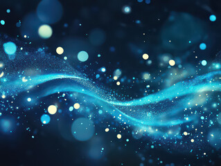Abstract blue wave with sparkling particles and bokeh effect against a dark background, creating a sense of motion and energy.