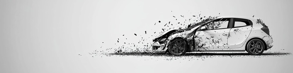 Obraz premium Car crash banner featuring damaged vehicles against minimalist and colorful backgrounds, emphasizing impact and destruction