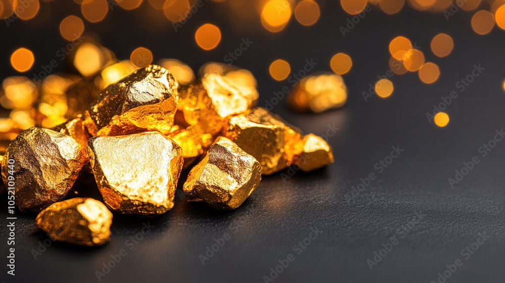 Poster close up of shiny gold nuggets on dark surface, illuminated by soft bokeh lights in background, crea