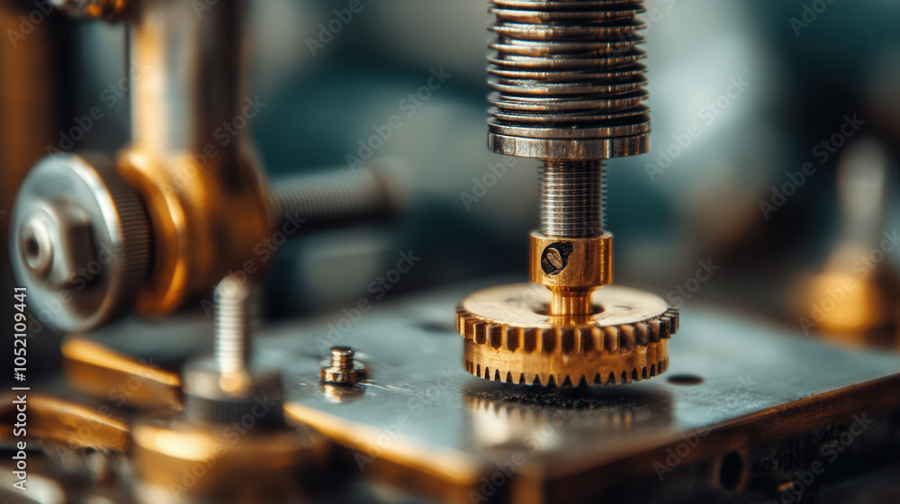 Poster close up of mechanical component showcasing intricate details of gear being adjusted with precision.