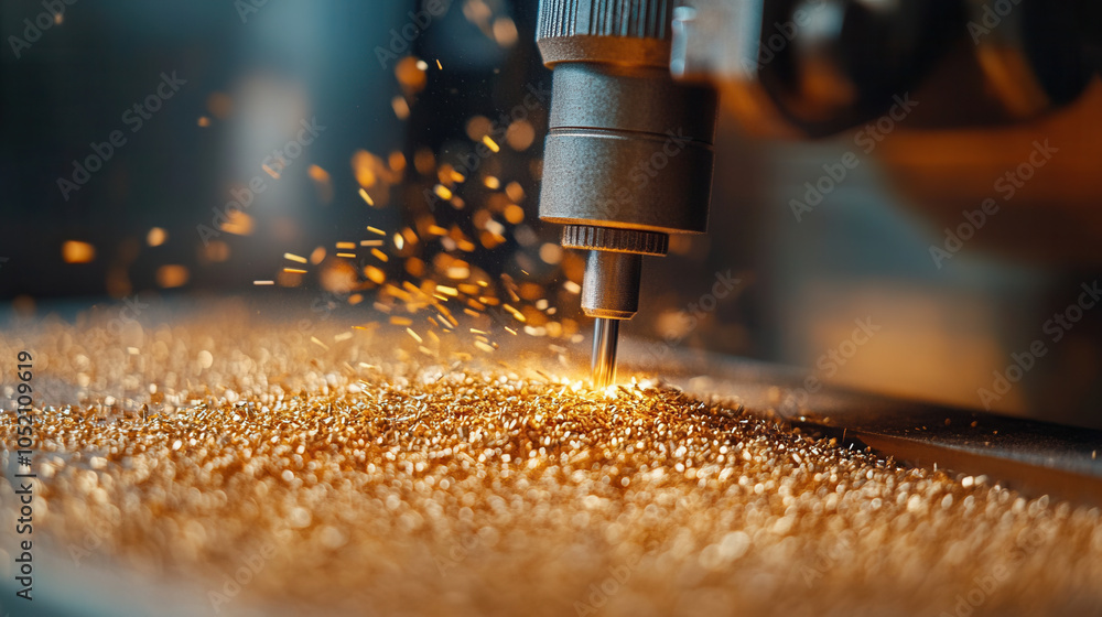 Poster close up of precision tool creating sparks while working on metallic surface, showcasing intricate details of machining process. vibrant sparks highlight craftsmanship involved in metalworking