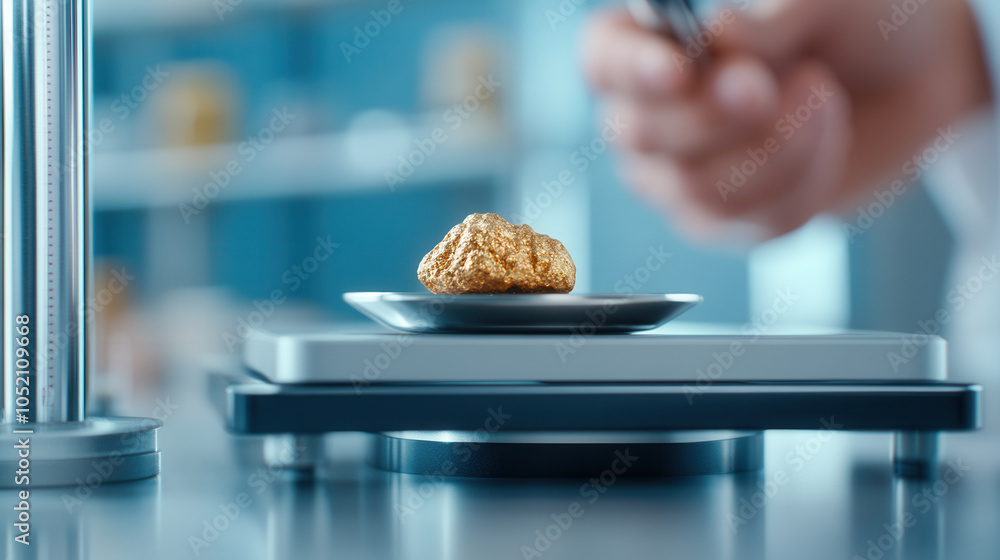Aufkleber close up of gold nugget being weighed on scale, showcasing intricate details and texture of nugget. 