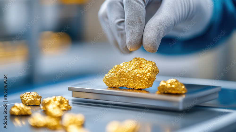 Aufkleber close up of gold nugget being weighed on scale, showcasing shiny texture and unique shape of gold. c