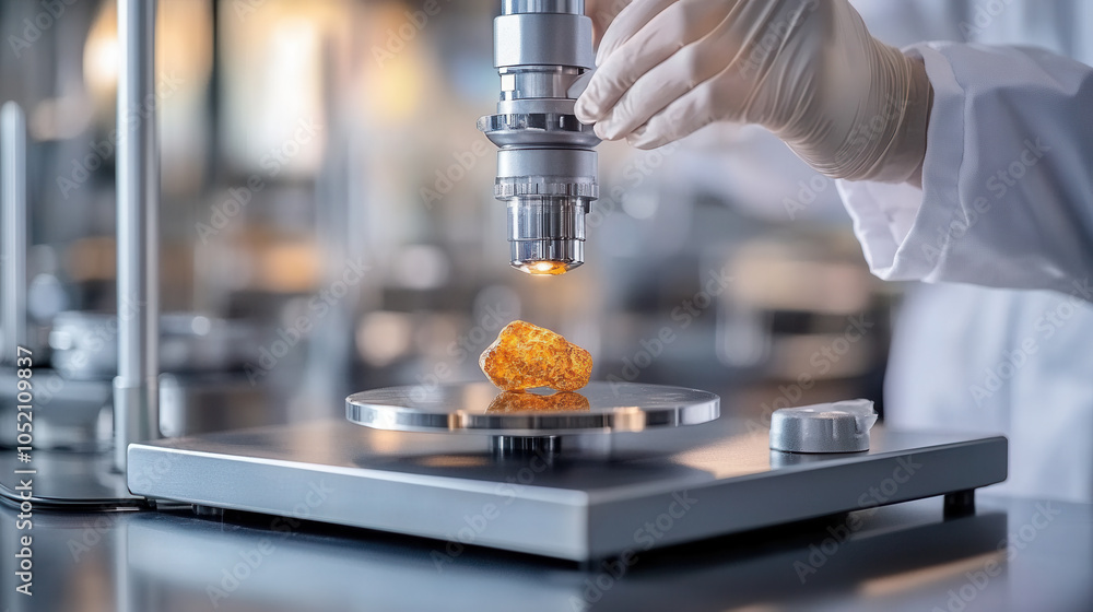 Aufkleber close up of gold nugget being weighed on scale in laboratory setting, showcasing precision and scien