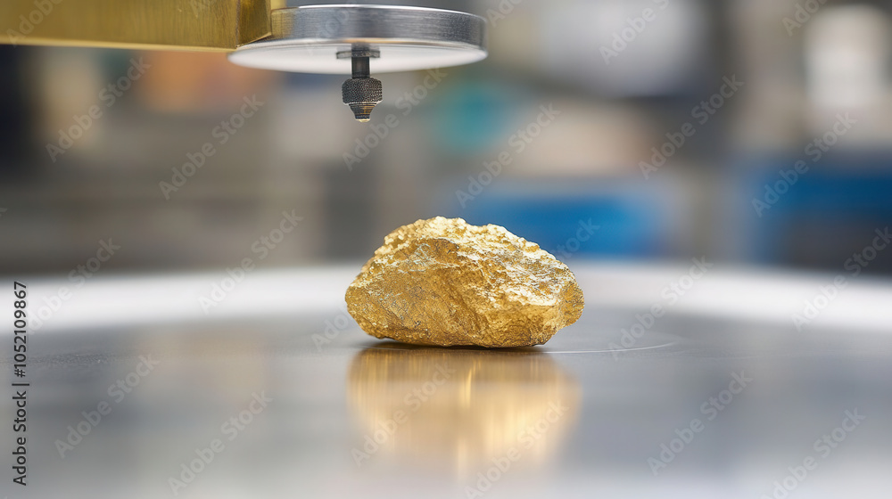 Aufkleber close up of gold nugget being weighed on scale, showcasing its shiny surface and unique texture. ima