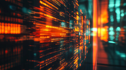 Dynamic digital data stream in a futuristic setting with glowing orange patterns reflecting technology