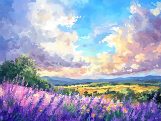 Obraz premium Vibrant lavender fields under a dramatic sky with colorful clouds create a breathtaking landscape painting.
