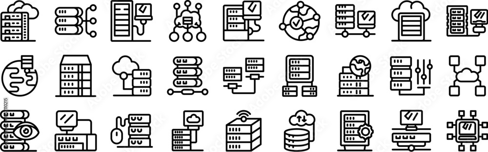 Poster dedicated server icons set. servers processing data, symbolizing cloud computing, data storage, and 