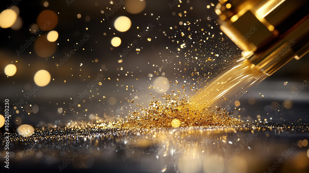 Poster close up of gold processing machine in action, showcasing shimmering gold particles and sparkling dr