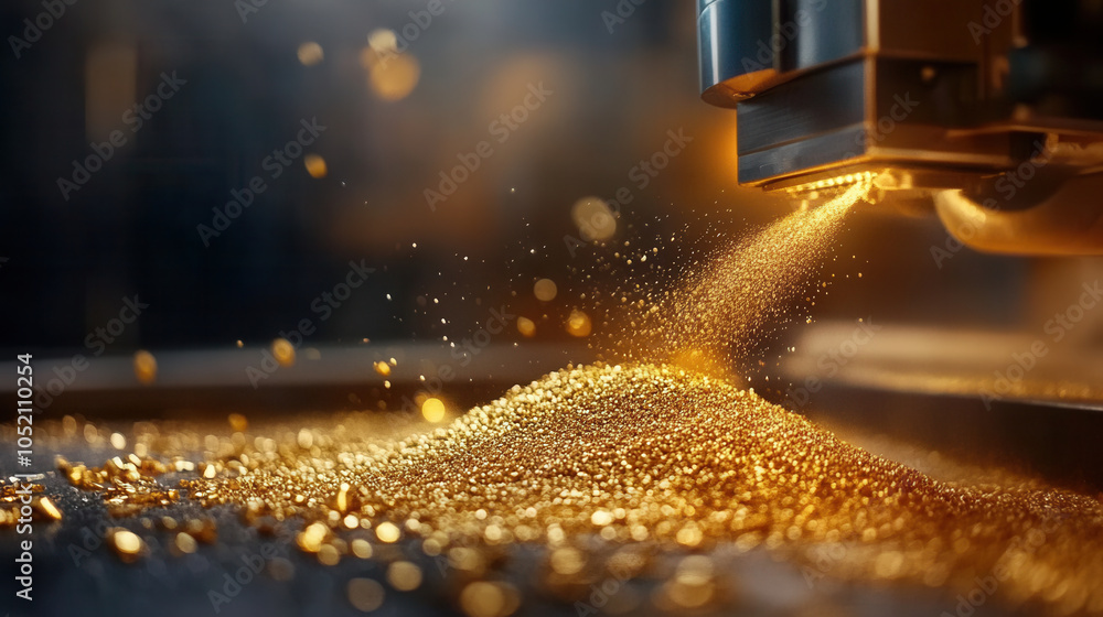 Poster close up of gold processing machine in action, showcasing intricate details of gold particles being 