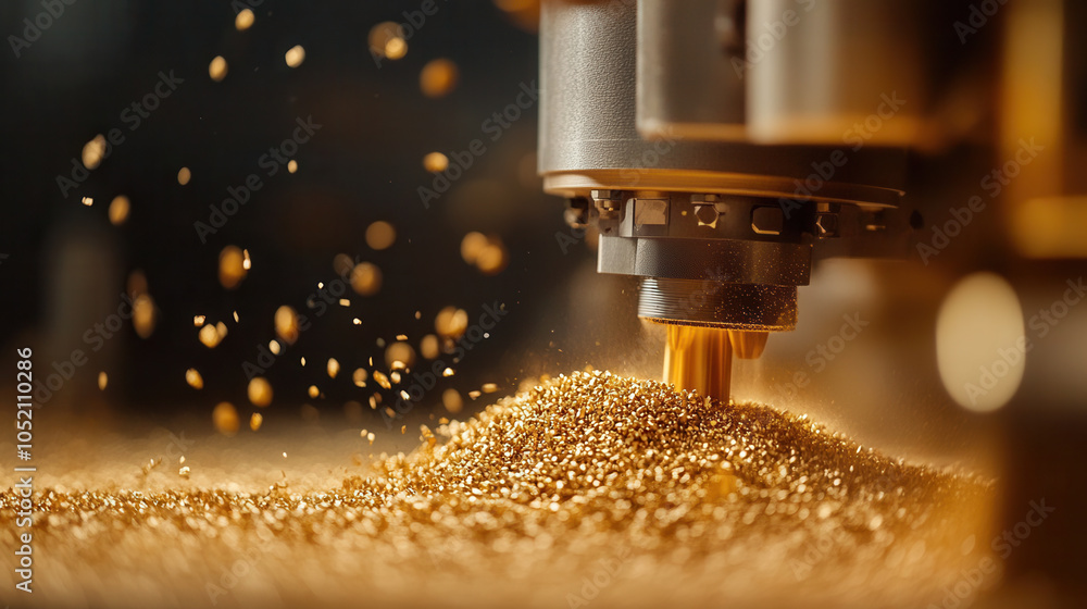 Poster close up of gold processing machine in action, showcasing intricate details of gold particles being 