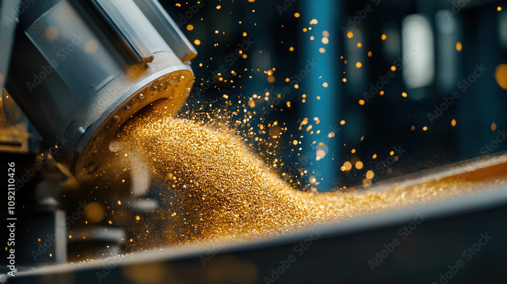 Poster close up of gold processing machine in action, showcasing flow of shimmering gold particles. scene c