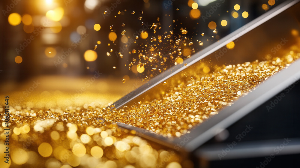 Poster close up of gold processing machine in action, showcasing shimmering gold particles and vibrant back