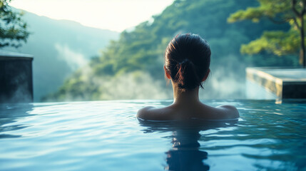 Fototapeta premium 温泉・旅館の露天風呂に入る女性