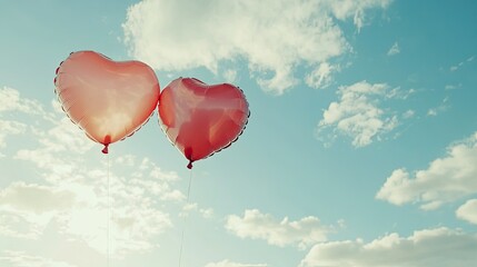 Obraz premium Giant heart-shaped balloons floating freely, symbolizing love and joy with clear space for text