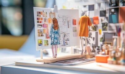 Obraz premium Fashion design display with sketches, swatches, and mannequins.