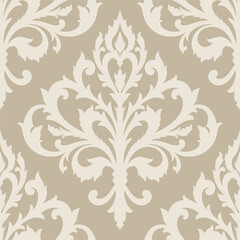 Elegant beige damask pattern wallpaper, vintage baroque design, ornamental floral decor, seamless vector background, perfect for home, office, or boutique decor