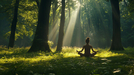 a person meditating in a forest
