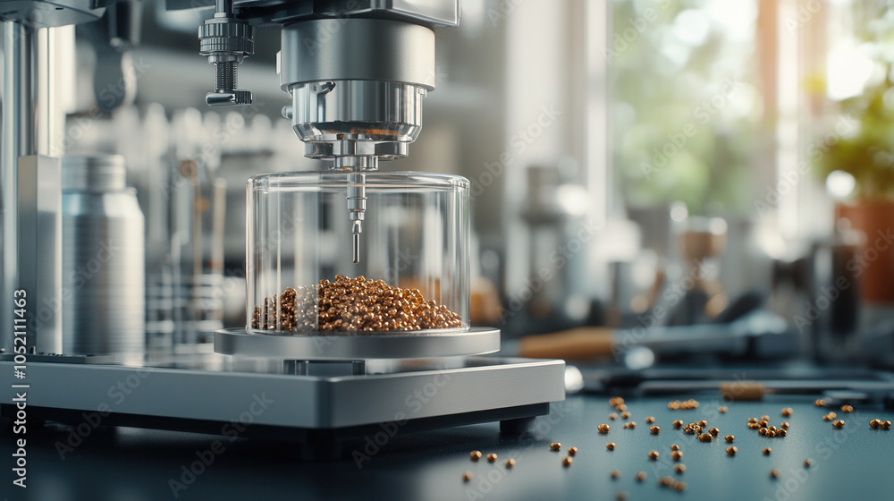 Poster close up of precision scale measuring small metallic beads in laboratory setting, showcasing intrica