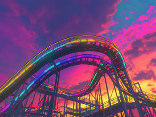 Obraz premium Vibrant rainbow roller coaster against a stunning sunset sky filled with vivid colors and dramatic clouds.